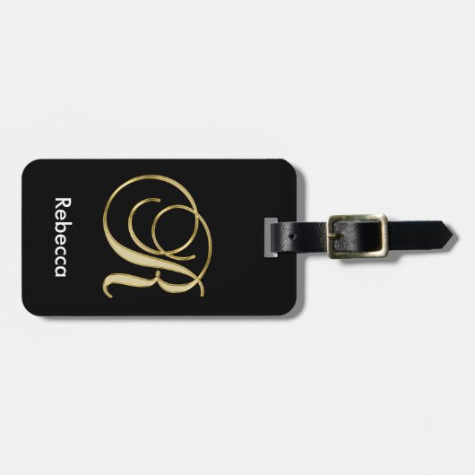 Elegant Black Gold Monogram Letter R met naam Bagagelabel (Voorkant horizontaal)