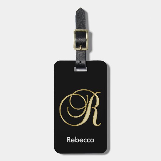 Elegant Black Gold Monogram Letter R met naam Bagagelabel (Voorkant verticaal)