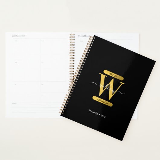 Elegant Black & Gold Monogram Modern Planner (Display)