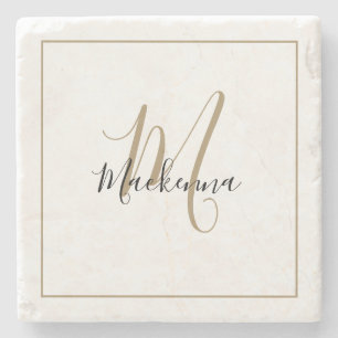 Elegant Black Gold Monogram, naam stijlvol script Stenen Onderzetter