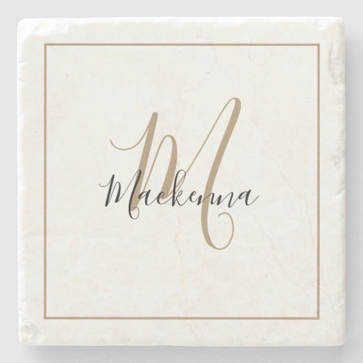 Elegant Black Gold Monogram, naam stijlvol script Stenen Onderzetter (Voorkant)