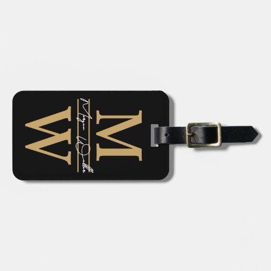 Elegant Black Gold Monogram Name Bagagelabel (Voorkant horizontaal)