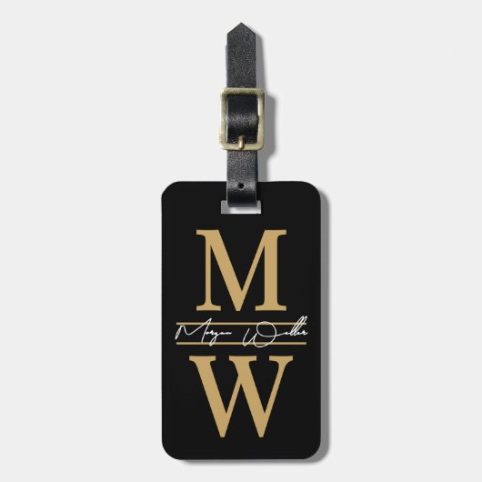 Elegant Black Gold Monogram Name Bagagelabel (Voorkant verticaal)