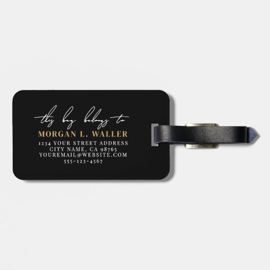 Elegant Black Gold Monogram Name Bagagelabel (Achterkant horizontaal)