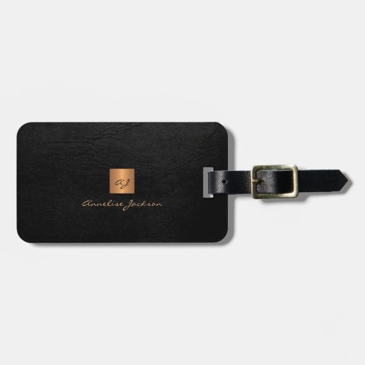 Elegant black gold monogram name script aangepast bagagelabel (Voorkant horizontaal)