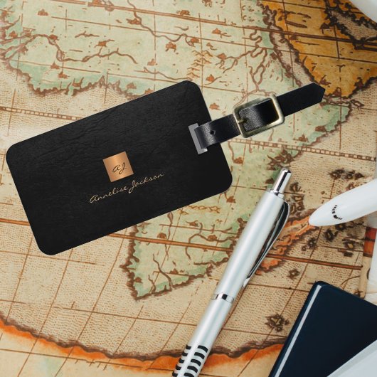Elegant black gold monogram name script aangepast bagagelabel