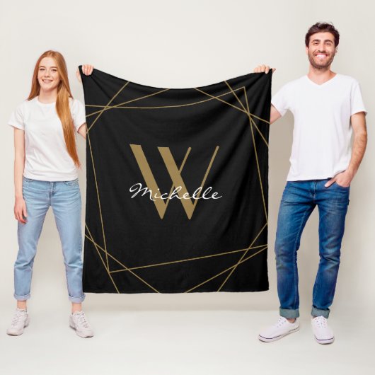 Elegant Black Gold Monogram Name Script Geometric Fleece Deken (In situ)