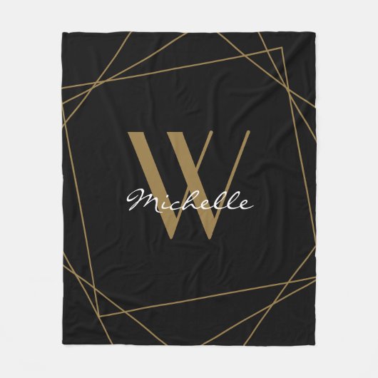 Elegant Black Gold Monogram Name Script Geometric Fleece Deken (Voorkant)