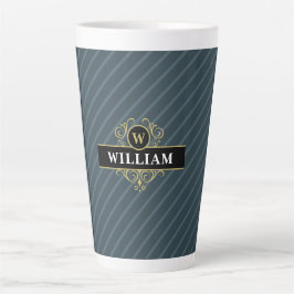 Elegant Black Gold Monogram Pinstripe Latte Mok