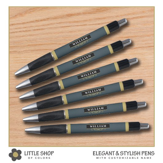 Elegant Black Gold Monogram Pinstripe Pen