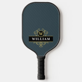 Elegant Black Gold Monogram Pinstripe Pickleball Paddle
