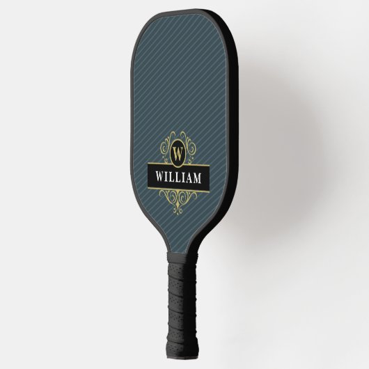 Elegant Black Gold Monogram Pinstripe Pickleball Paddle (Links)