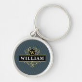 Elegant Black Gold Monogram Pinstripe Sleutelhanger (Voorkant)