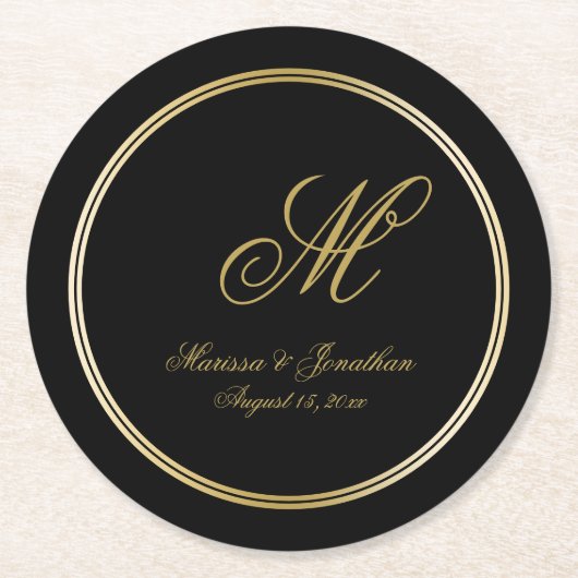 Elegant Black Gold Monogram Script Black Weddensch Ronde Kartonnen Onderzetter (Voorkant)