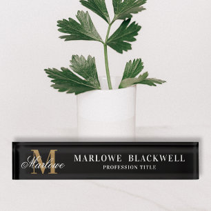 Elegant Black Gold Monogram Script Desk Naambordje