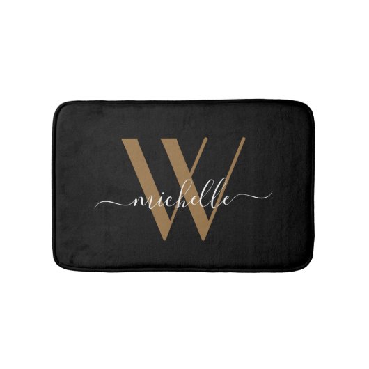 Elegant Black Gold Monogram Script Name Initiaal Badmat (Voorkant)