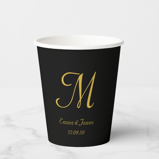 Elegant Black Gold Monogram Script Name Papieren Bekers (Voorkant)