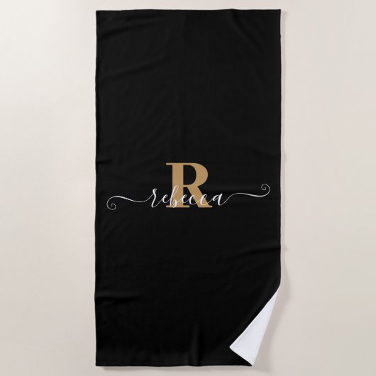 Elegant Black Gold Monogram Script Name Strandlaken (Voorkant)
