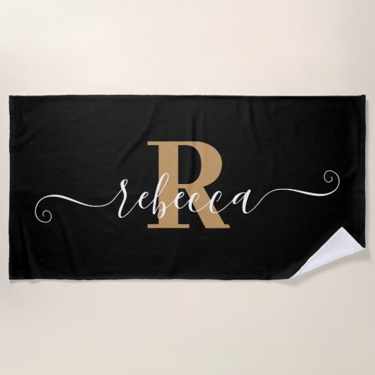 Elegant Black Gold Monogram Script Name Strandlaken (Voorkant)