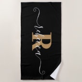 Elegant Black Gold Monogram Script Name Strandlaken (Voorkant)