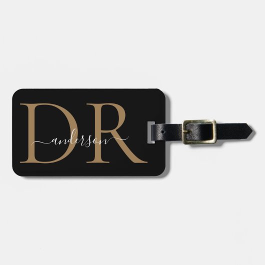 Elegant Black Gold Monogram Script Name Stylish Bagagelabel (Voorkant horizontaal)