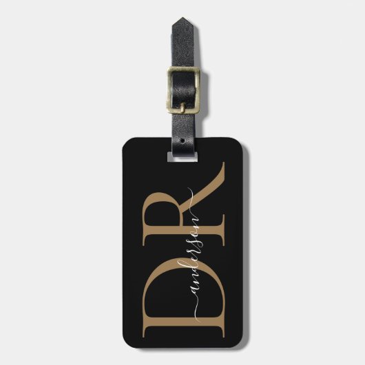 Elegant Black Gold Monogram Script Name Stylish Bagagelabel (Voorkant verticaal)