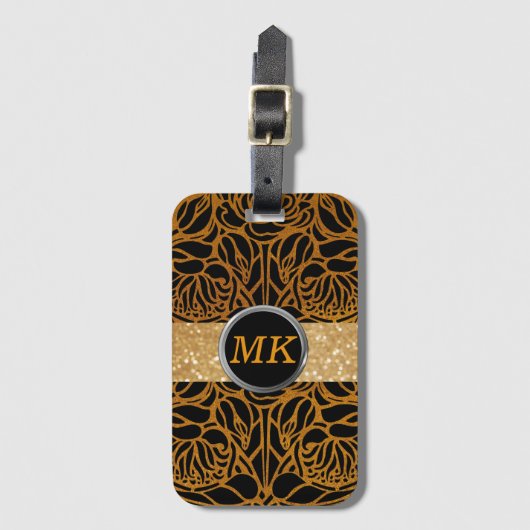 Elegant Black Gold Monogram Script Name Stylish Bagagelabel (Voorkant (verticaal))