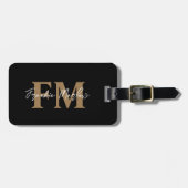 Elegant Black Gold Monogram Script Name Stylish Bagagelabel (Voorkant horizontaal)