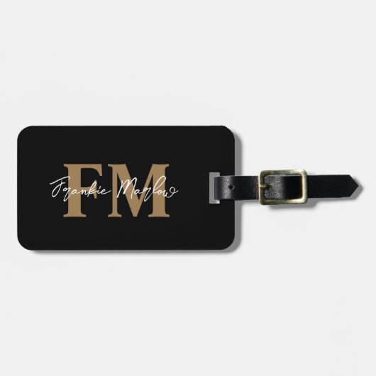 Elegant Black Gold Monogram Script Name Stylish Bagagelabel (Voorkant horizontaal)
