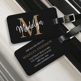 Elegant Black Gold Monogram Script Name Stylish Bagagelabel