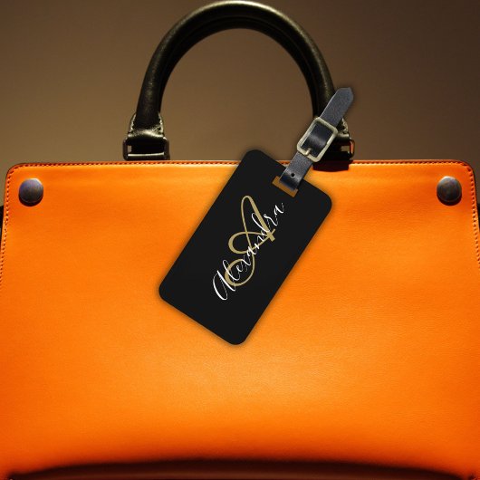 Elegant Black Gold Monogram Script Name Stylish Bagagelabel