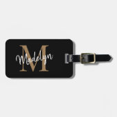 Elegant Black Gold Monogram Script Name Stylish Bagagelabel (Voorkant horizontaal)