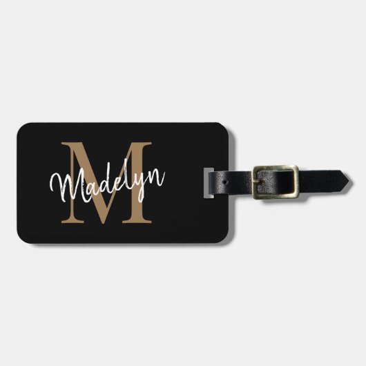 Elegant Black Gold Monogram Script Name Stylish Bagagelabel (Voorkant horizontaal)