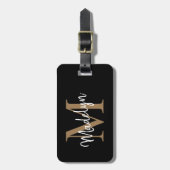 Elegant Black Gold Monogram Script Name Stylish Bagagelabel (Voorkant verticaal)
