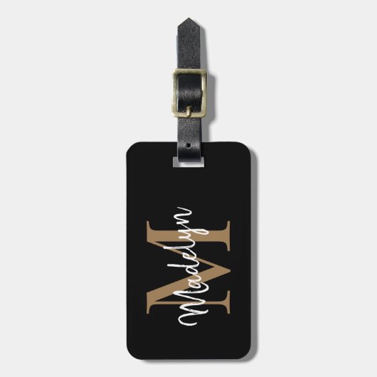 Elegant Black Gold Monogram Script Name Stylish Bagagelabel (Voorkant verticaal)