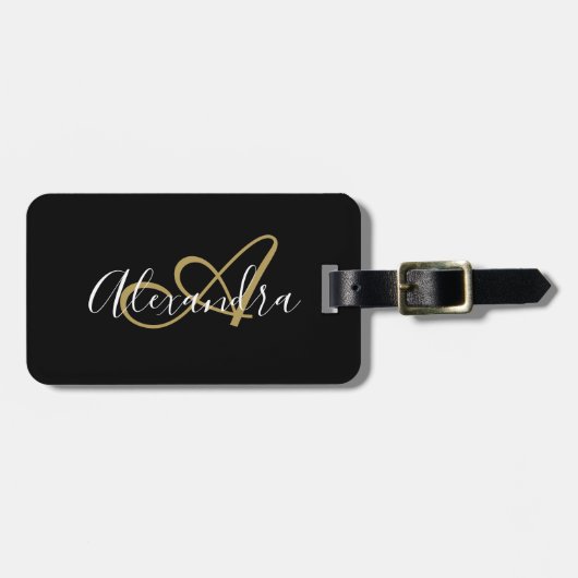 Elegant Black Gold Monogram Script Name Stylish Bagagelabel (Voorkant horizontaal)