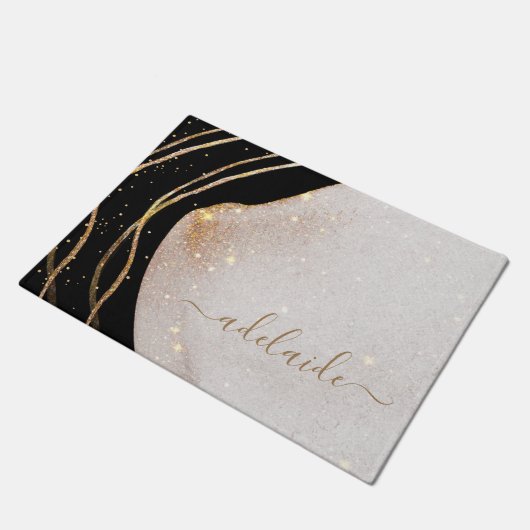 Elegant Black Gold Monogram Script Name Welkom Deurmat (Schuin)