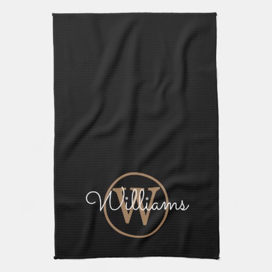 Elegant Black Gold Monogram Script Theedoek (Verticaal)