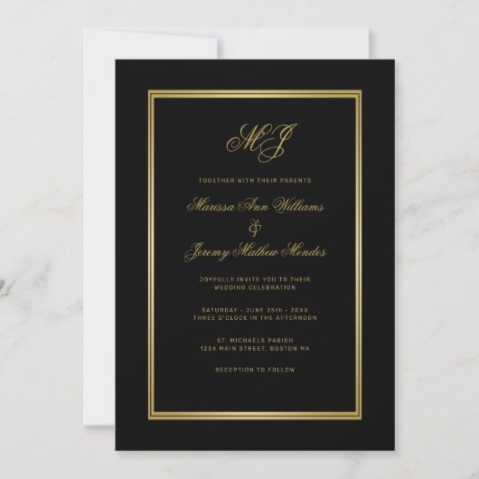 Elegant Black Gold Monogram Script Weddenschap Kaart (Voorkant)