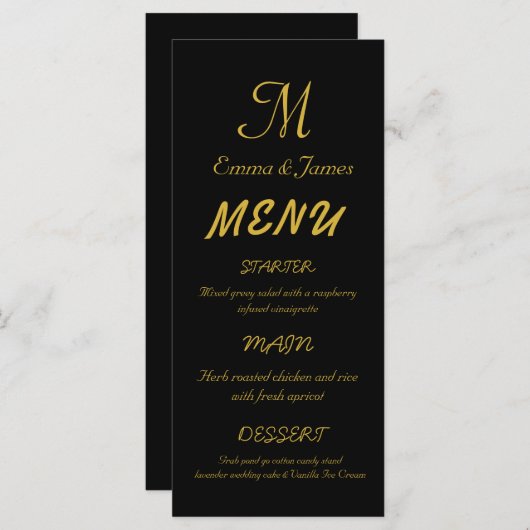 Elegant Black & Gold Monogram Script Weddenschap Menu (Voorkant / Achterkant)