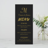 Elegant Black & Gold Monogram Script Weddenschap Menu (Staand voorkant)