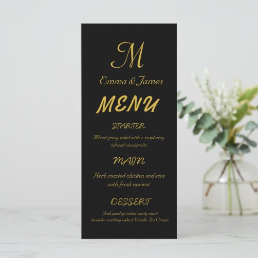 Elegant Black & Gold Monogram Script Weddenschap Menu (Staand voorkant)