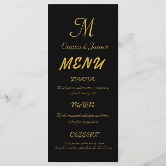 Elegant Black & Gold Monogram Script Weddenschap Menu (Voorkant)