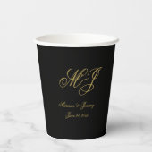 Elegant Black Gold Monogram Script Weddenschap Papieren Bekers (Achterkant)