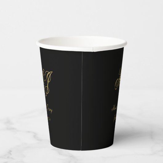 Elegant Black Gold Monogram Script Weddenschap Papieren Bekers (Rechts)