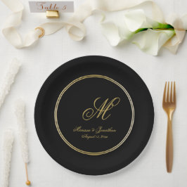 Elegant Black Gold Monogram Script Weddenschap Papieren Bordje