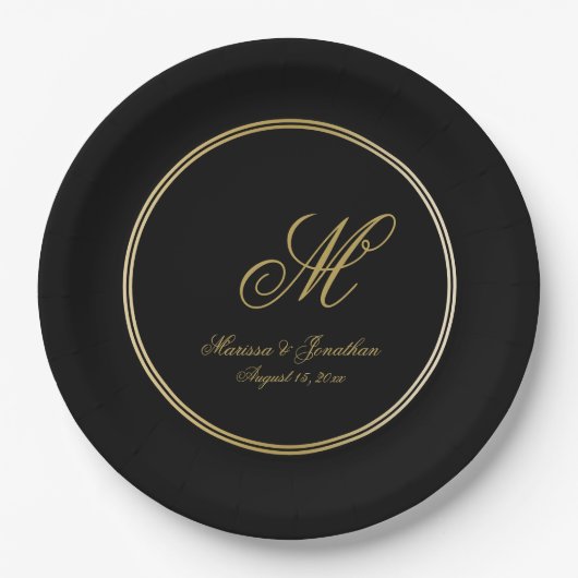 Elegant Black Gold Monogram Script Weddenschap Papieren Bordje (Voorkant)
