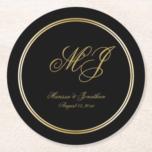 Elegant Black Gold Monogram Script Weddenschap Ronde Kartonnen Onderzetter (Voorkant)