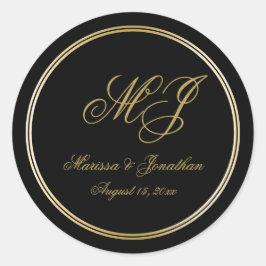Elegant Black Gold Monogram Script Weddenschap Ronde Sticker