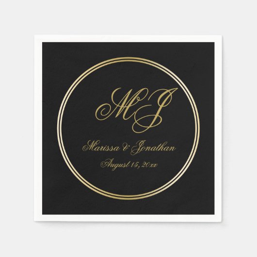 Elegant Black Gold Monogram Script Weddenschap Servet (Voorkant)